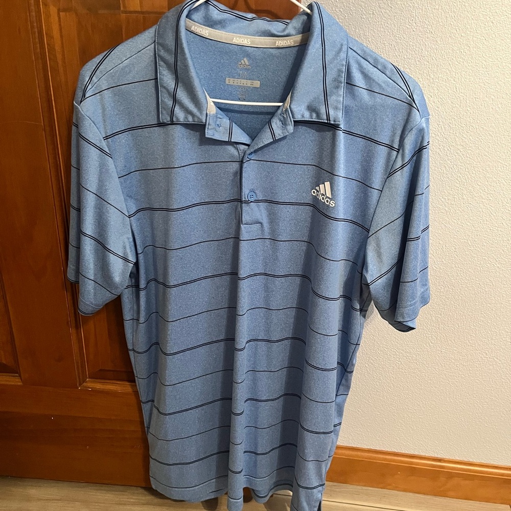 adidas Light Blue Polo with Thin Navy Stripes